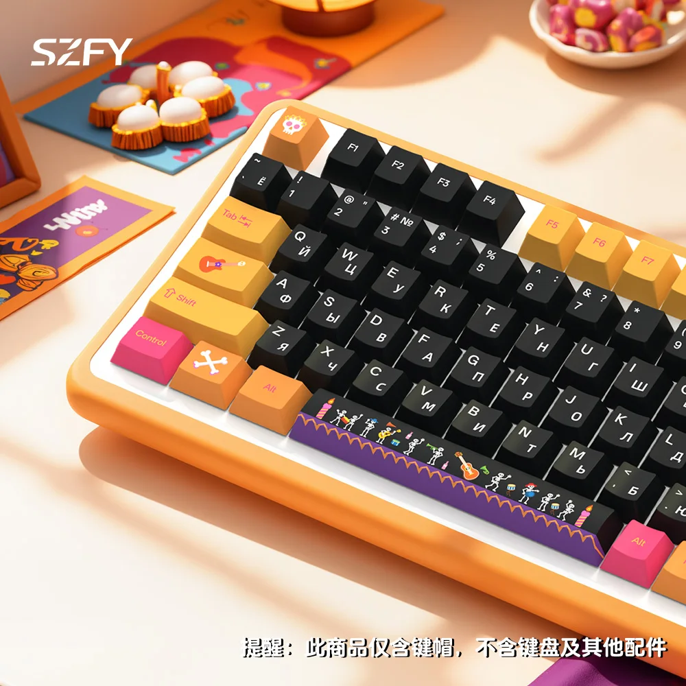 Фото Кейкапы KYOMOT с тематикой Дня мертвых, PBT, профиль Cherry, с поддержкой корейского, японского и немецкого языков, для механических клавиатур с переключателями MX, для сборки своими руками. №4