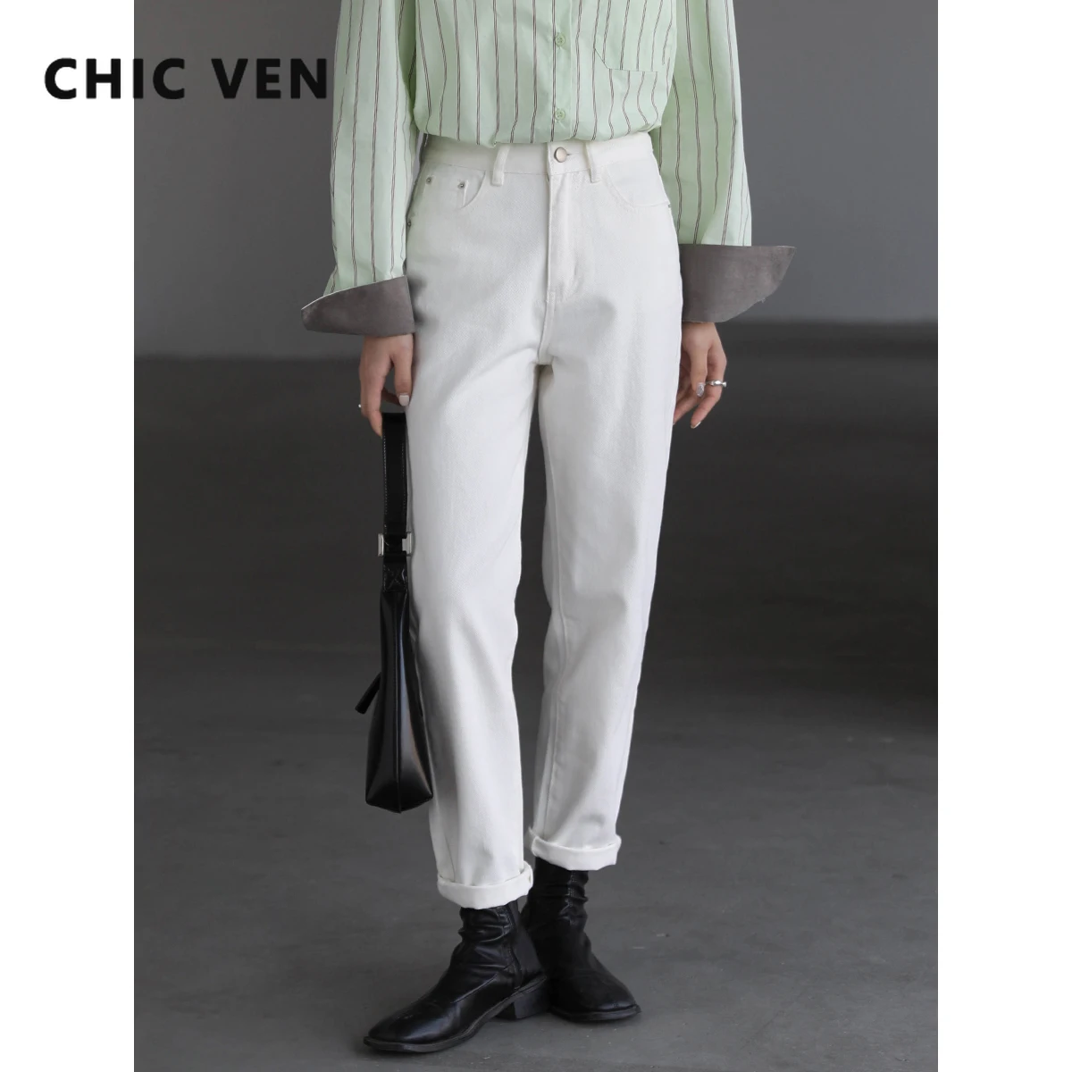 

CHIC VEN Women's Denim Pants Medium Waist White Cropped Jeans Women's Tapered Casual Trousers Summer Waterproof 2022