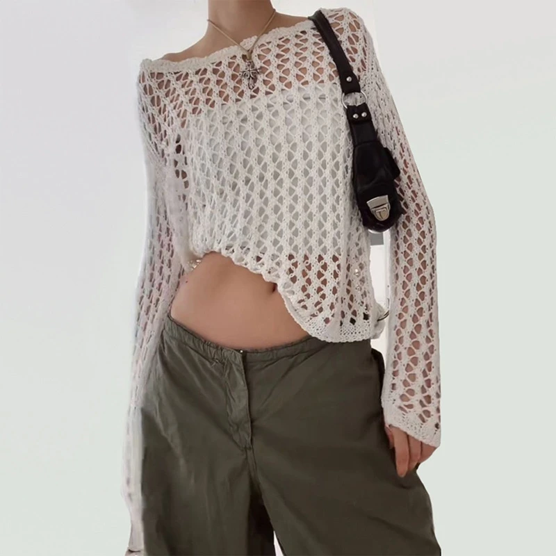 

Thin Women Pullover Loose Sweater Lady Hollow Out Streetwear Knit Short Tops