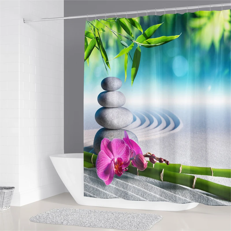 

Zen shower curtain stone flowing water Buddha statue shower curtain Zen shower waterproof curtain send hook