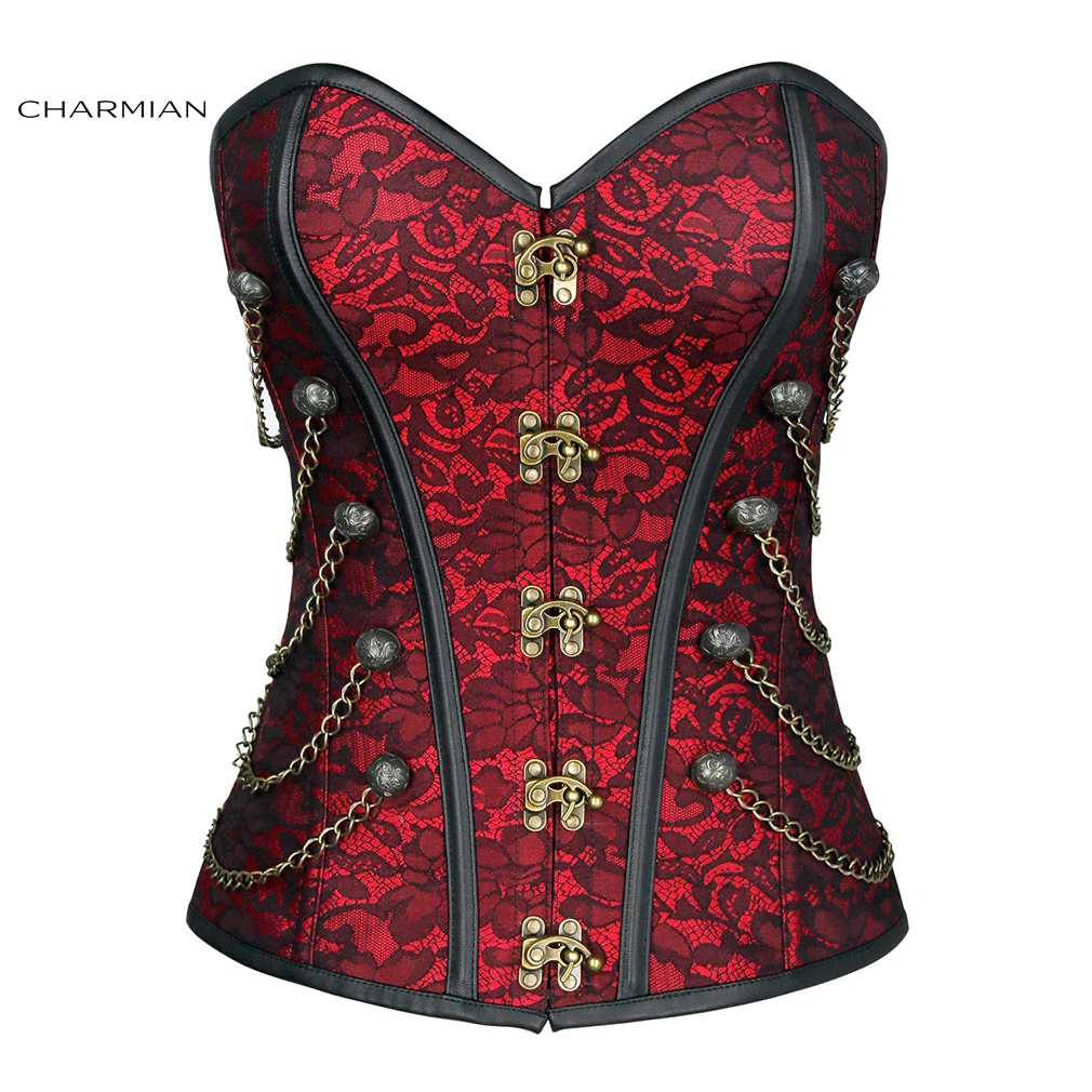 Charmian Women's Steampunk Gothic Brocade Halloween Overbust Corset with Chains Retro Jacquard Strapless Body Shaper Bustier Top