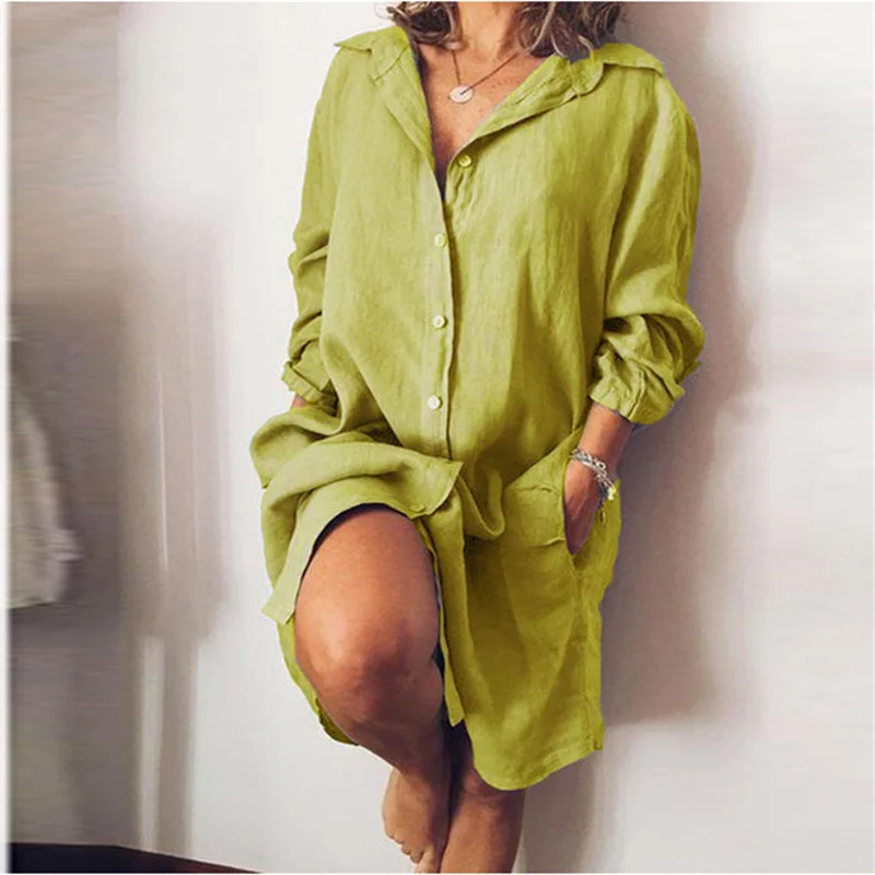 Summer Women's Cotton Linen Shirt Long Sleeved Solid V-neck Single Breasted Dress Fashion Casual Loose Fitting Short Dresses