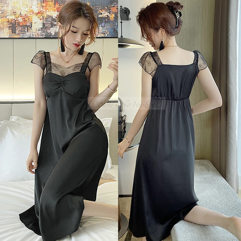 

Short Sleeve Nightwear Nightgown Female Long Nightdress Sleepwear Sexy Elegant Square Collar Lace Loose Silk Satin Home Dress