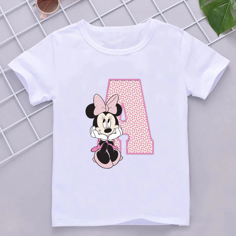 

Minnie Mouse A To Z Alphabet T-Shirt Children Disney Girls 26 Letter Combination Short Sleeve Casual Party Summer Kids Tees Tops
