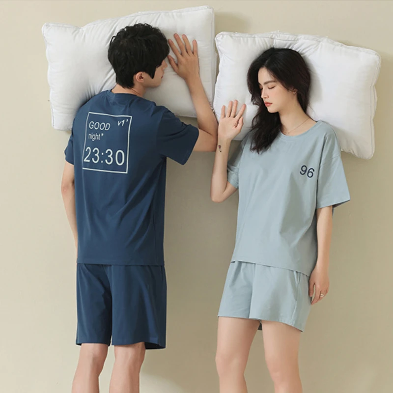 Summer Pajamas Women's Short Sleeve Trousers 2 Piece Sets Couple Pajamas O-Neck Cotton Soft Cool Pyjamas Men Home Clothes Suits