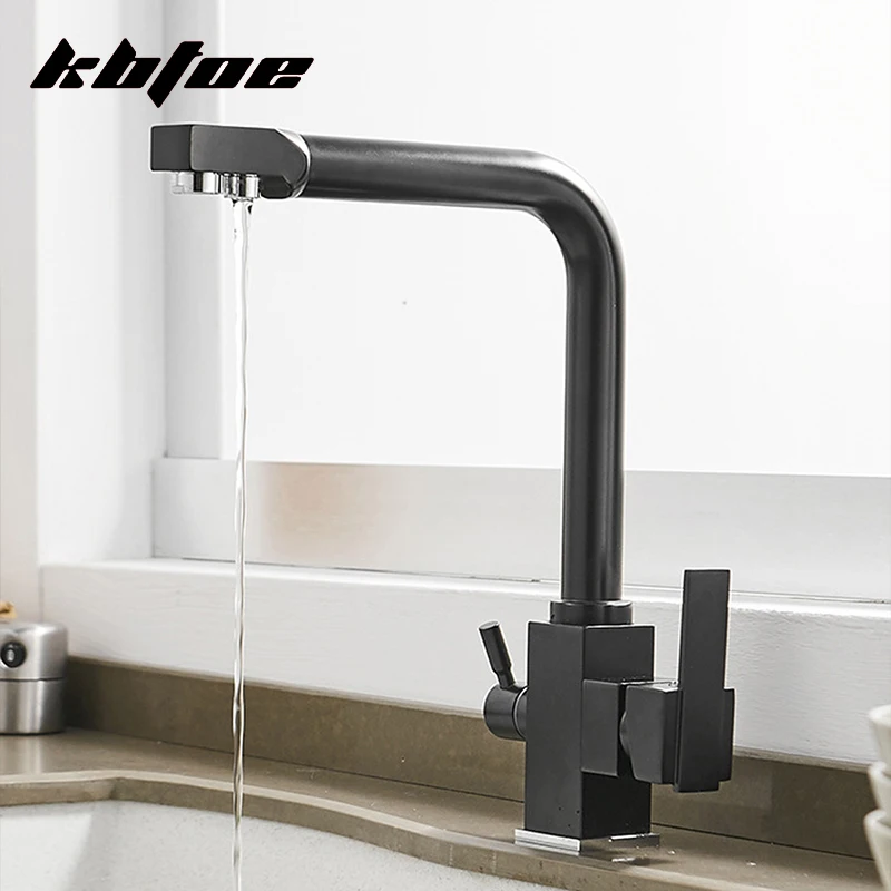 

Black Filtered Kitchen Faucet 360 Rotation Brass Hot Cold Water Sink Mixer Tap Pure Water Crane Dual Handles Drinking Water Tap