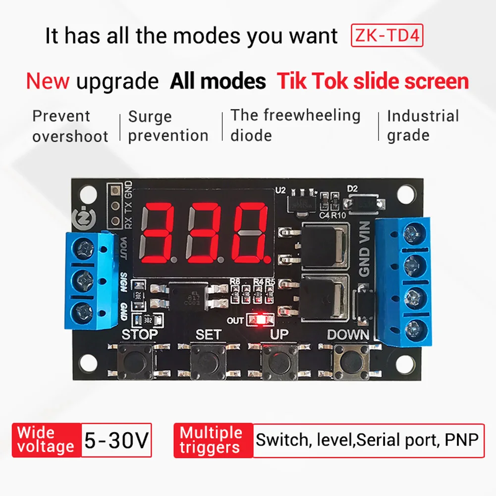 

DC 5-30V High Level Trigger MOS Switch 400W 0.1-999 Minute Cycle Timing Delay Module Solenoid Valve Controls Relay Module