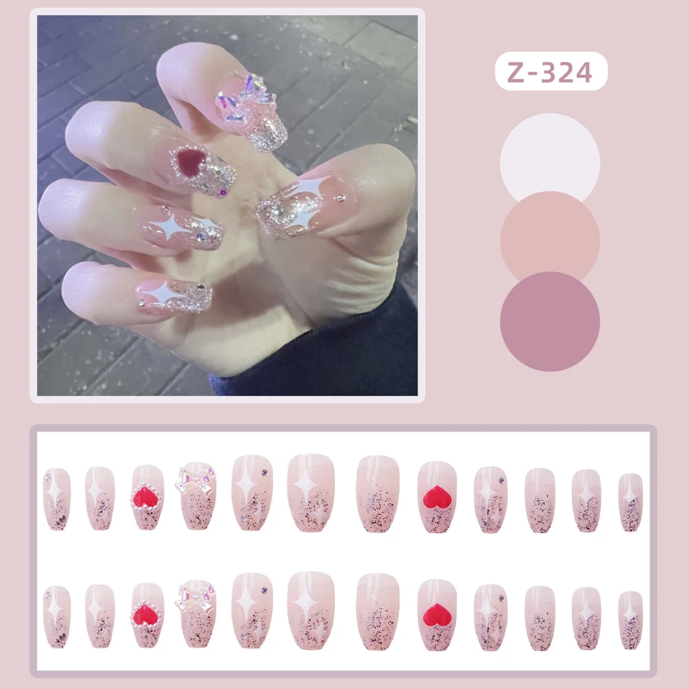 

24PCS Long Press on Nails Stars & 3D Bow Design Sweet Style Full Coverage Nails Artificial Nails Finished Nails Piece NOV99