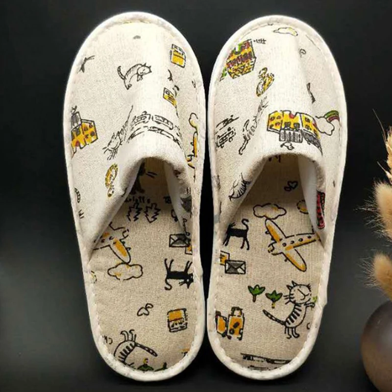 

Одноразовые Тапочки для отеля, путешествий, спа, Симпатичные льняные тапочки с принтом для гостей, домашние новые комнатные тапочки для сал...