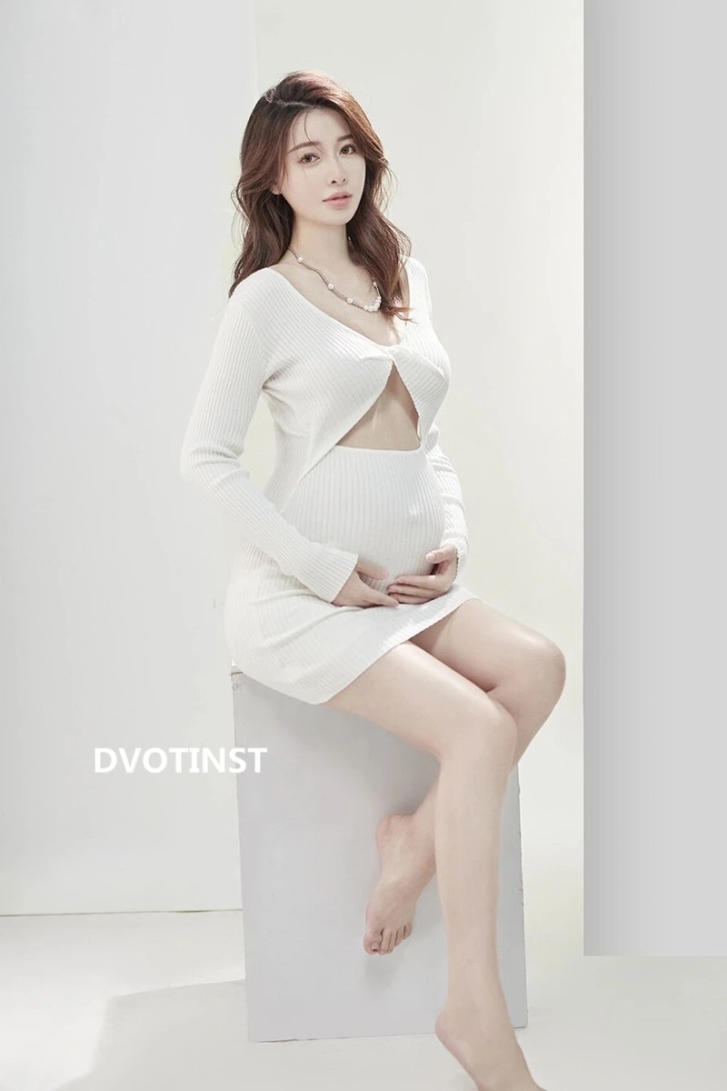 Dvotinst Women Photography Props Maternity Knitting Hollow Out Pregant Dress Pregnancy Dresses Studio Photoshoot Photo Clothes enlarge