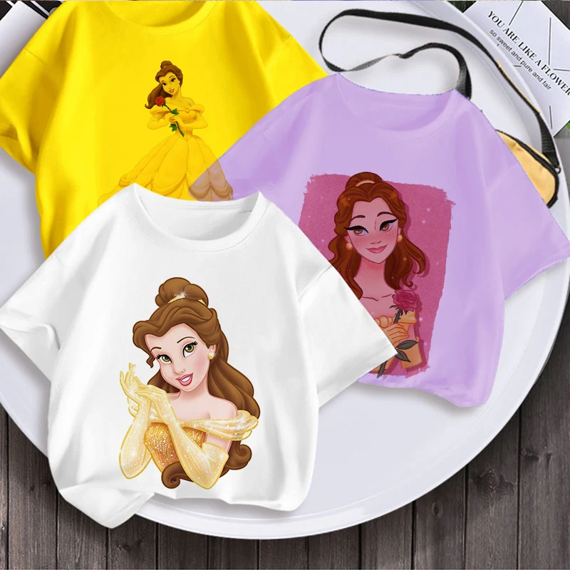 

Charm Disney Costume Summer Girls Clothes 2022 Cartoon Belle Princess Anime Clothes Printing Crew Neck Short Sleeve Casual Tees