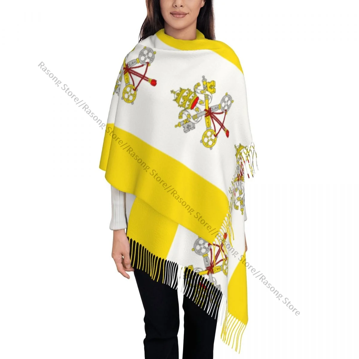 Шарф с кисточками большой размер 196*68 см зимняя теплая шаль из пашмины буфанда