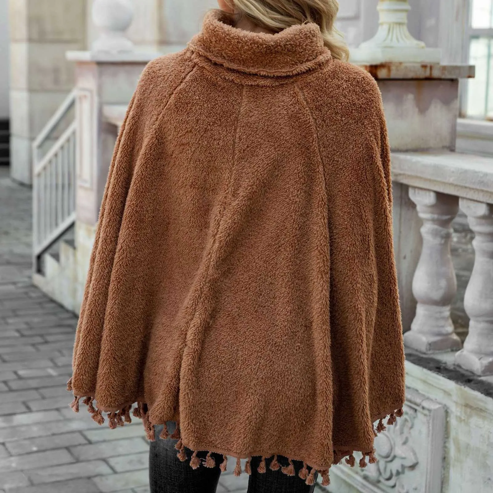 Модная плюшевая накидка цвета хаки Женская осенне-зимняя теплая пончо шикарная