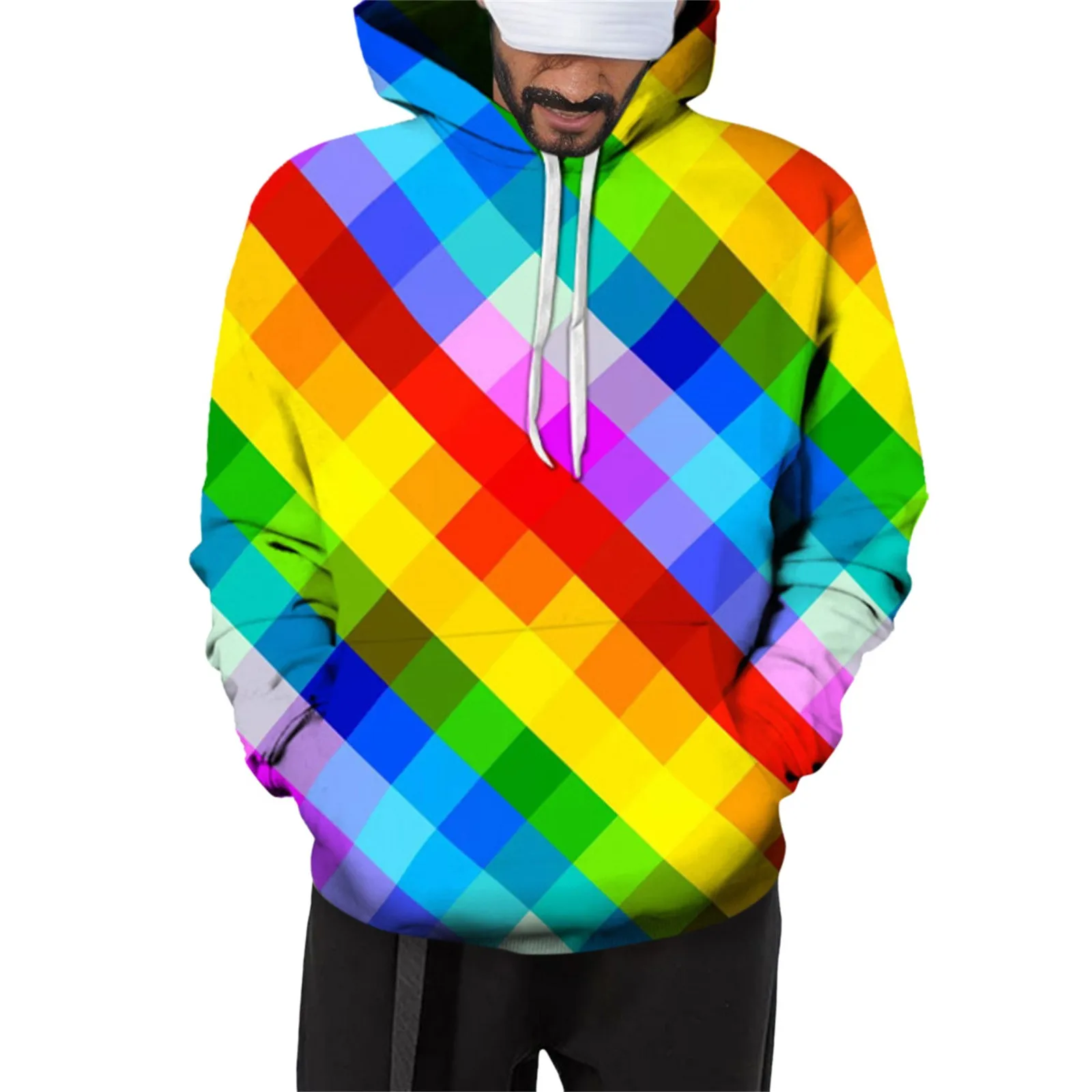 

Rainbow Plaid Print Hoodies Sweatshirt Multicolor Tops Fashion Hoodie Autumn Winter Men's Sweatshirt Oversize Moletom Masculinos