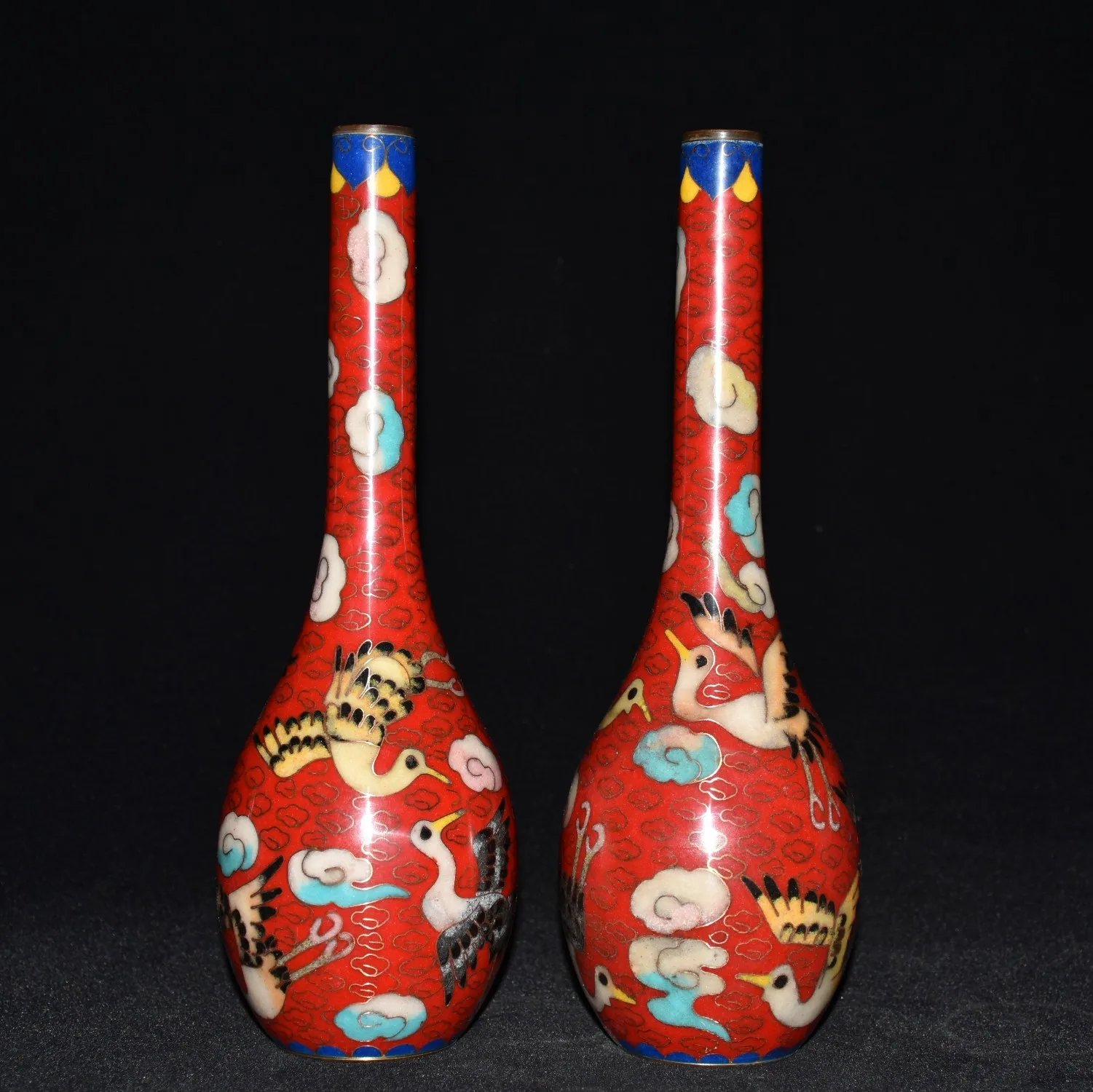 

9" Tibetan Temple Collection Bronze Cloisonne Enamel Small mouth Crane pattern longevity pot belly bottle vase a pair Town House