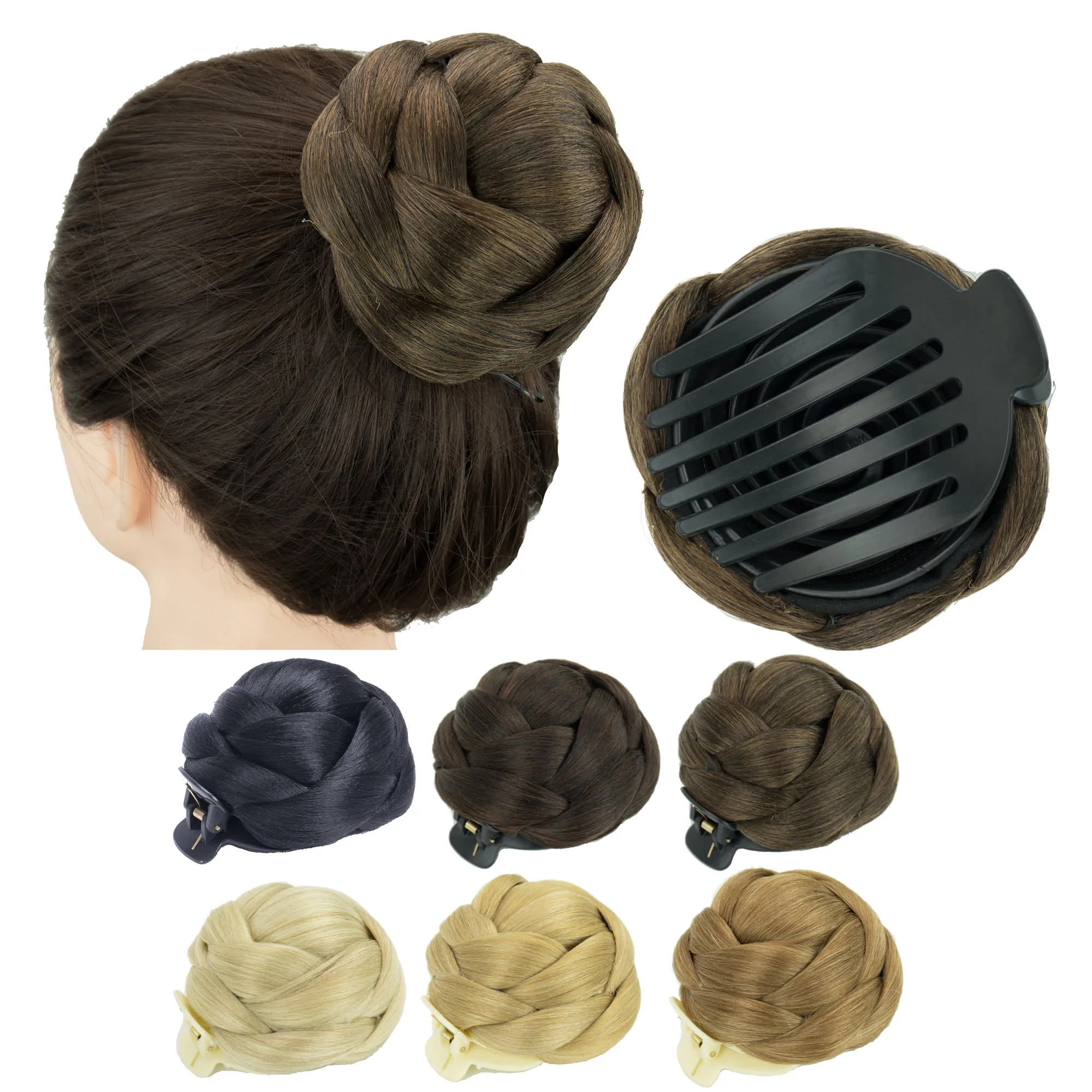 Soowee Synthetic Hair Braided Chignon Hair Comb Clip Donut Hairpieces Scrunchie Claw Hair Buns Cover Updo for Kid and Women