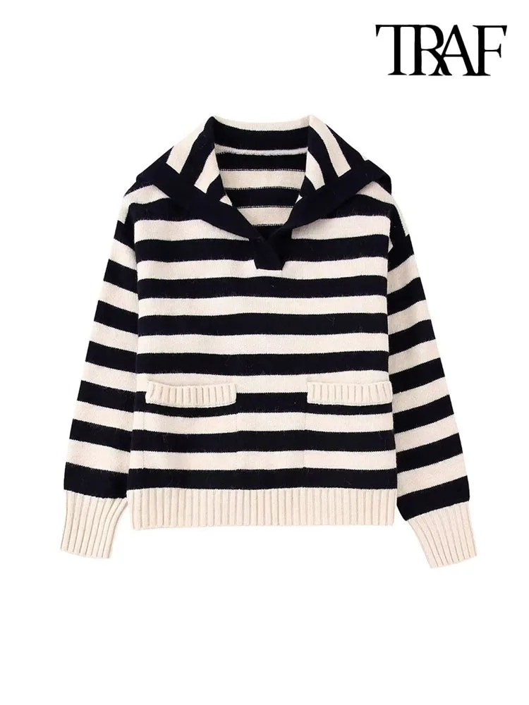 

TRAF Women Fashion Front Pockets Loose Striped Sweater Vintage Lapel Collar Long Sleeve Female Pullovers Chic Tops