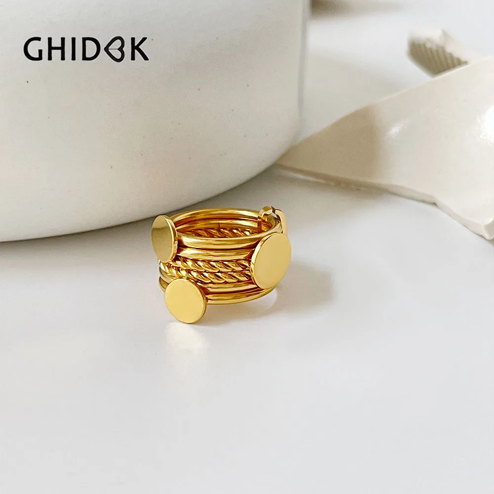 

GHIDBK Detachable 6pcs Gold Twisted Coin Wide Rings for Women Statement Stainless Steel Disc Stackable Rings Party Jewelry
