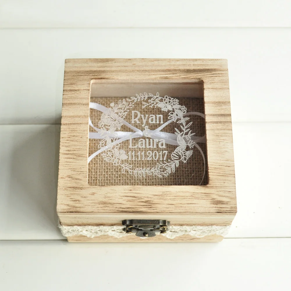 

Personalized Wedding Ring Box Custom Your Names And Date Wood Ring Bearer Square Jewelry Box Proposal Rustic Wedding Decoration