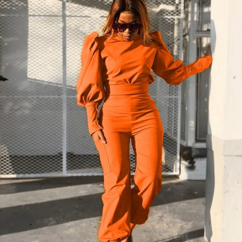 

Cutubly 2 Piece Set Tracksuit Elegant Women's Pants Sets Solid Slim Two Piece Outfits Lantern Sleeve Top and Matching Pant Suits