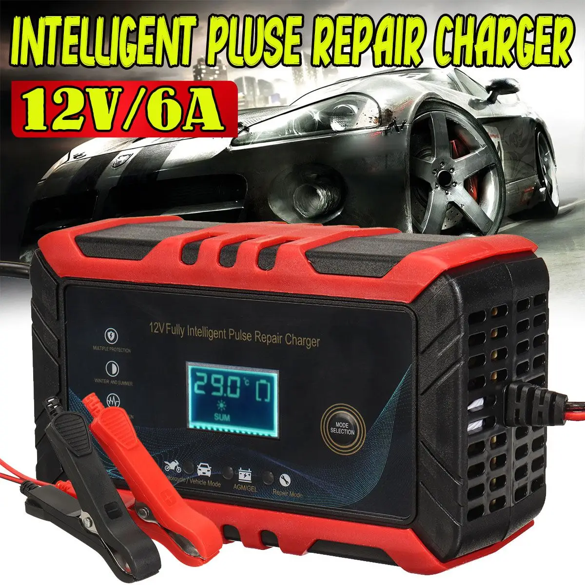 Red 12V 6A LCD Smart Fast Car Battery Charger 110V-265V for Auto Motorcycle Batteries Intelligent Pulse Repair Battery Charging