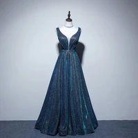 2022 new starry peacock blue evening dresses a line v neck sequin sleeveless long tulle formal banquet annual meeting prom gowns