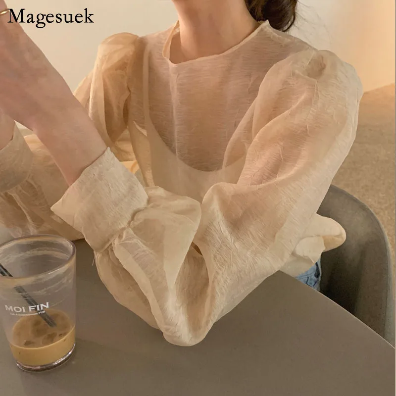 

Spring Sexy Micro-Penetration Tops Long Sleeve Women's Shirt See Through Blouse Women Vintage Tops and Blouse Mesh Top 14339