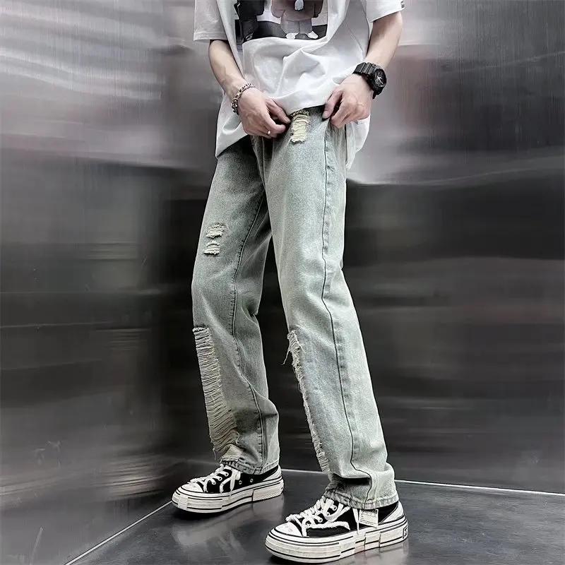 2022 Ropa Hole Ripped Vintage Grunge Men Slim Jeans Pants Streetwear Distressed Washed Hip Hop Denim Trousers Pantalones Hombre