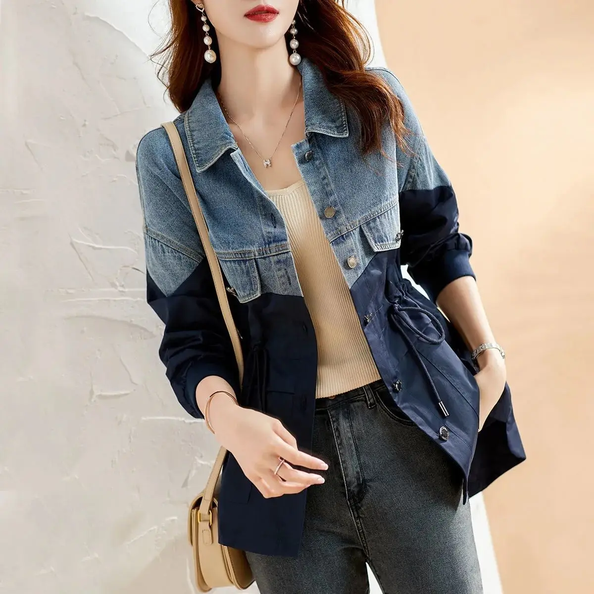 

Autumn Denim Jacket Women Loose Navy Blue Cowboy Splicing Coat Casual Jeans Outerwear Female Windbreaker Coat Tops