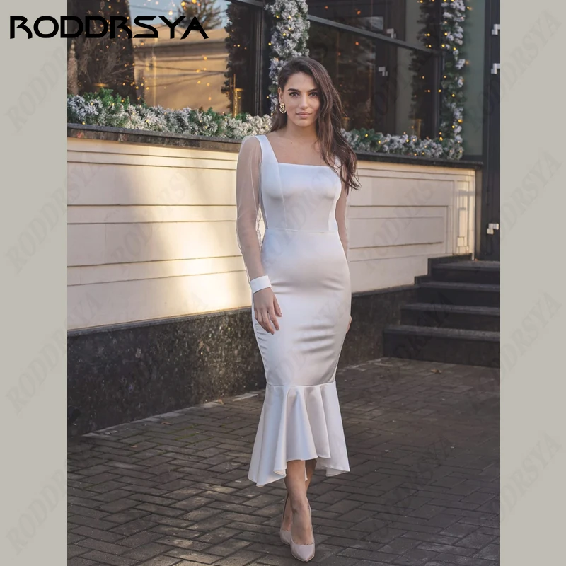 

RODDRSYA Beach Mermaid Wedding Dress Soft Satin Square Collar Vestido De Noiva Long Sleeve Button Back Bride Party For Plus Size