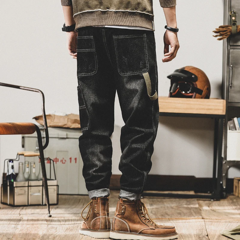 Streetwear Fashion Men Jeans Black Gray Multi Pockets Casual Denim Cargo Pants Hombre Hip Hop Loose Jeans Men Wide Leg Trousers