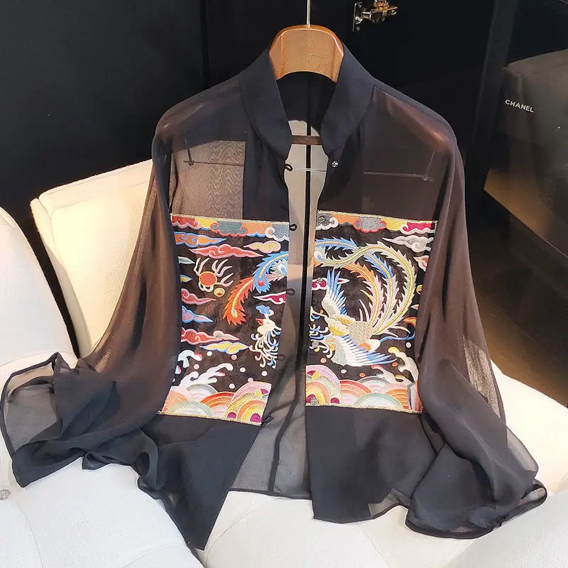 

Рубашка женская с вышивкой, однобортный Кардиган из черного шелка, жакет с воротником-стойкой, рукавом летучая мышь, шелк тутового шелкопряда, на лето