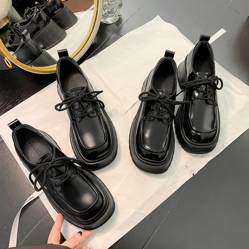 Fashion Design Platform Shoes Women Black Chunky High Heel Lace Up Casual Shoes Spring Autumn British Style Loafers Shoes Woman