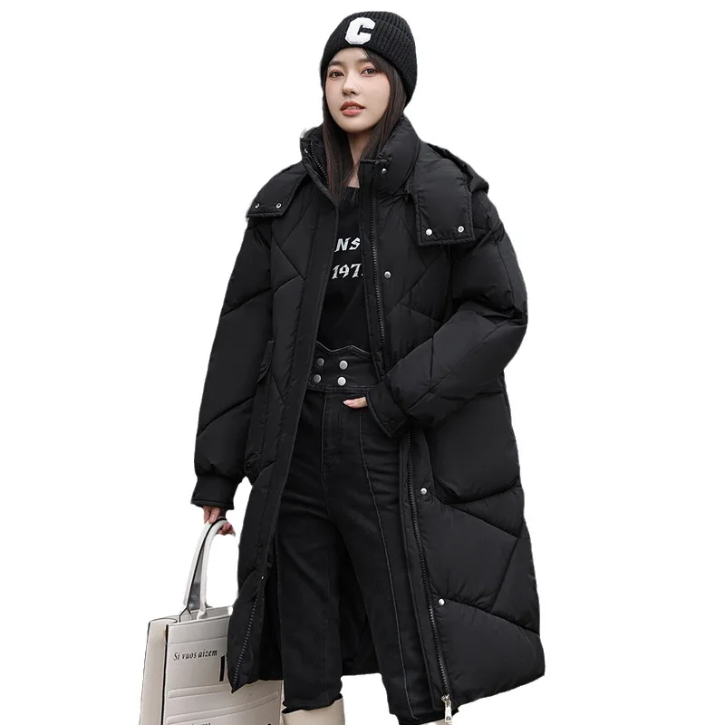 

New Winter Thickened Women's Down Cotton Coat Hooded Mid Length Girls Overcoat Fashion Loose and Warm Female Cotton Parkas