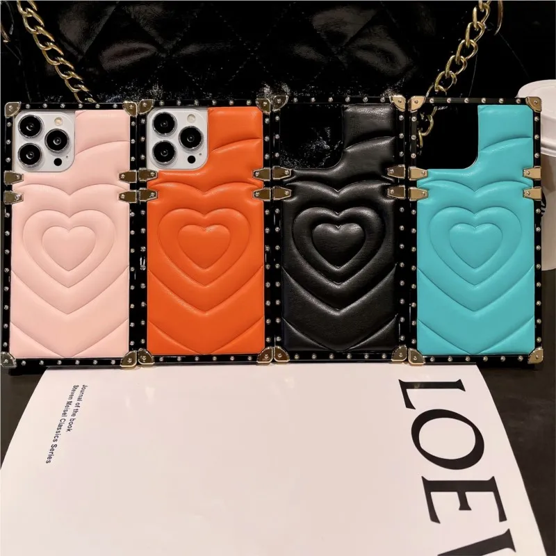 

Fashion 3D Love Heart Diamond Ring Holder Square Phone TPU Shell Case For iPhone 14 13 12 11 Pro Max XR XS MAX Shockproof Cover