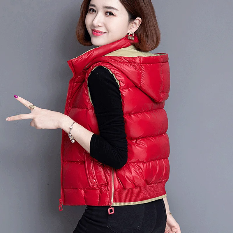 

Waistcoat Women Padded Jacket Korean Winter Cotton Vest Coat Women Plus Size Hooded Zipper Solid Imitation Silk Short Vest Coats