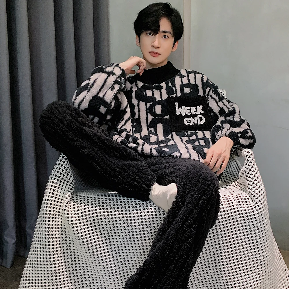 QUHENG Flannel Men Pajama Sets Thick Warm Long Sleeve 2022 Winter Cartoon Coral Velvet Man Sleepwear Suit Pyjamas Homewear