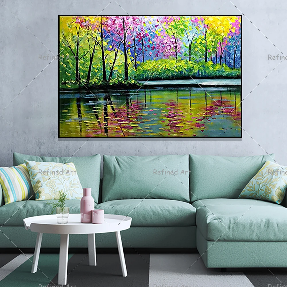 

Картины маслом ручной работы, холст, украшение на стену, весна и осень, отражение леса, пейзаж, украшение для дома, гостиной, живопись