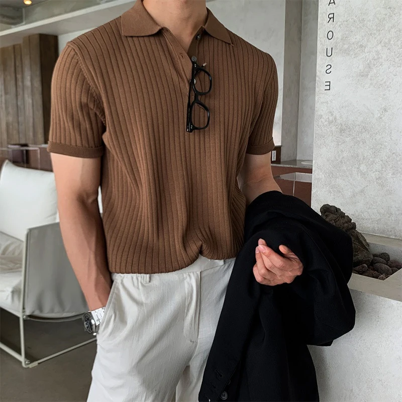 

2023 Spring Summer Casual Ribbed Polo Shirts Mens Solid Color Slim Short Sleeve Lapel Tops Fashion Clothing Men Buttoned Polos