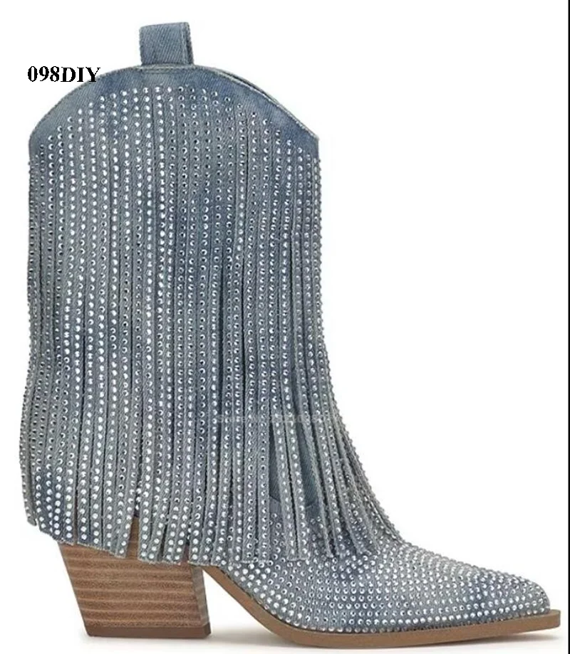 

Denim Rhinestone Fringe Western Boots Cowboy Tassel Women High Heel Pointed Toe Pointy Wedge Heeled Sparkle Western Boot