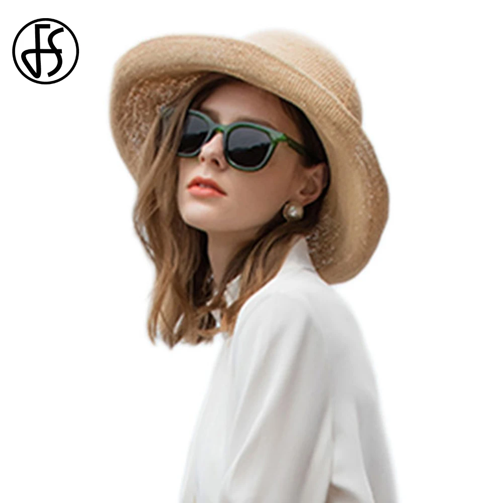 

FS New Visor Sun Straw Hats for Women Foldable Wide Brim Dome Bucket Hat Holiday Travel Fedoras Modern Stylish Beach Cap Summer