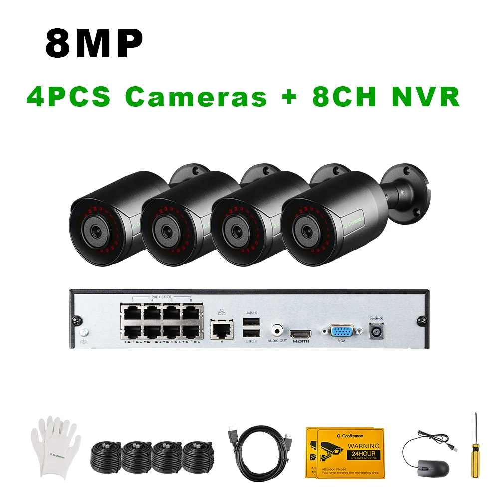 

Комплект видеонаблюдения RU GC 8MP POE, 20 кадров в секунду, обнаружение людей и транспортных средств, аудио наблюдение, просмотр видеоохранников G.Craftsman