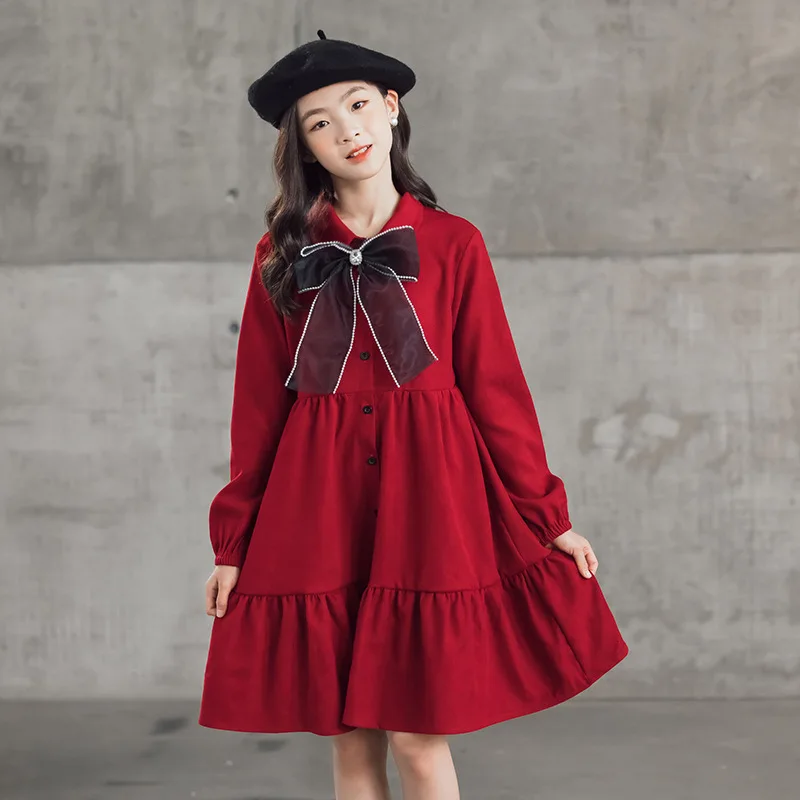 

JICUSYAN Lapel Red 2023 Autumn New Korean Version Big Girl Retro Corduroy Princess Dress