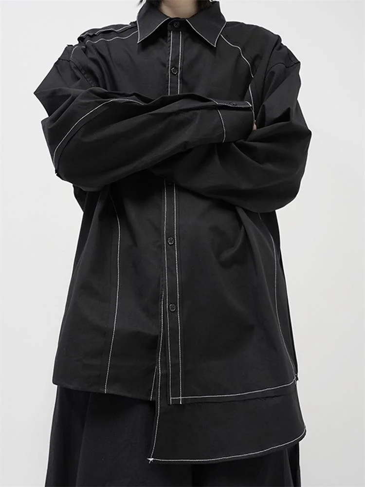 Men's Large Couple's Autumn Fashion Trend Personalized Splicing Irregular Hem Long Sleeve Loose Black Casual Shirt