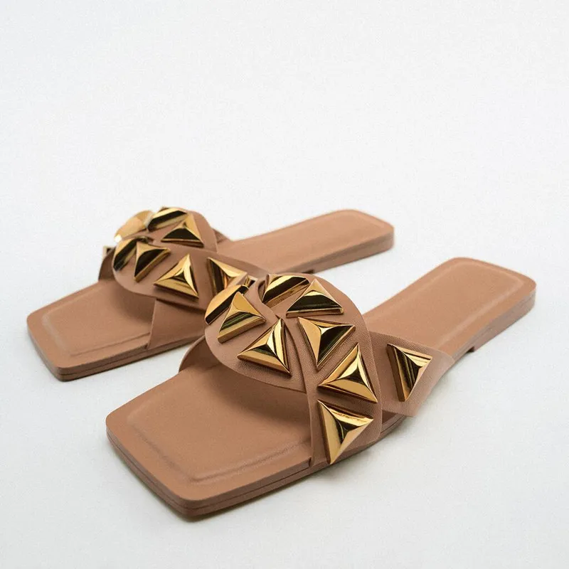 

ZA Summer Studded Flat Sandals Women 2022 Sexy Outdoor Black Luxury Slippers Casual Rivet Flip Flops Fashion Beach Shoes Woman