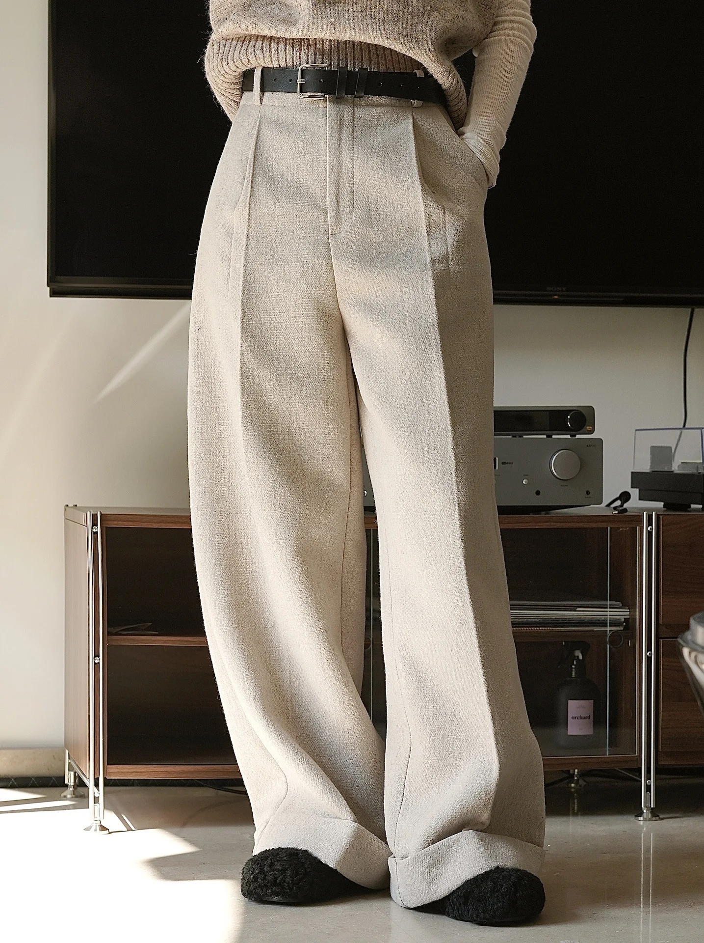 Women's casual solid color high waist loose wide leg pants in autumn and winter