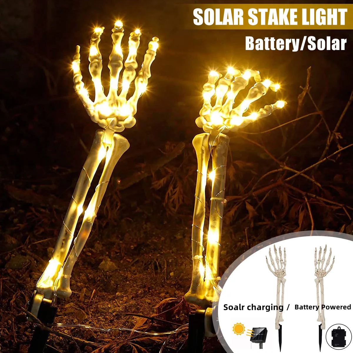 

2pcs Skeleton Hand Solar Light Outdoor Lighted Skeleton Arm Stakes Solar Glowing Skull Hands Halloween Decor Garden Lawn Lamp