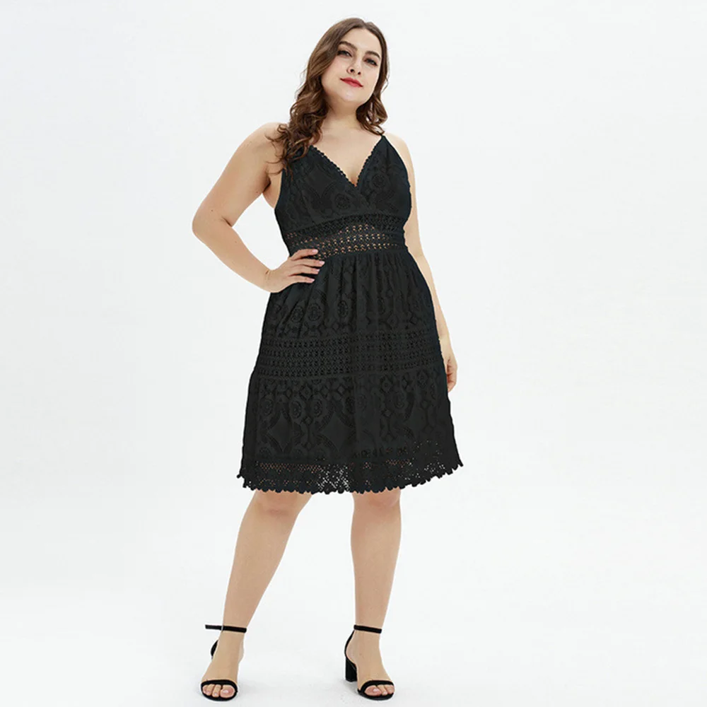 

Large Size Summer Sexy Chubby Woman Dress Black Lace Sling Stitching Women's Elegant Plus Size Sexy V Neck Lady Dress 4xl