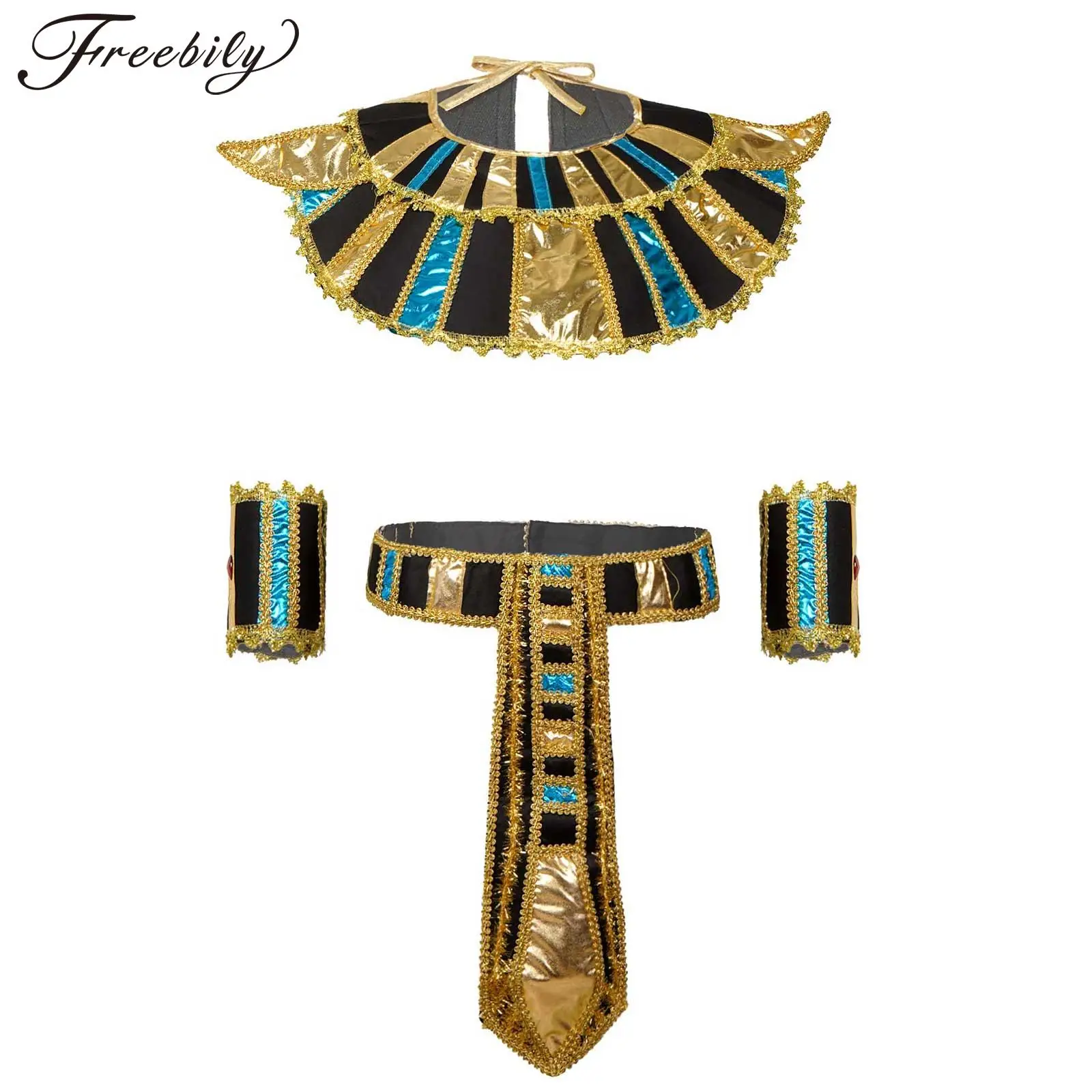 

Womens Mens Egyptian Costume Egypt Priest Cosplay Party Accessory Neck Collar Belt Wrist Bands Set for Halloween Dress Up