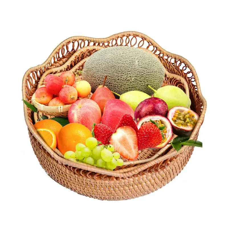 

3PCs Natural Woven Wicker Fruit Basket Hand-woven Hollow Lace Craft Storage Basket Bread Food Container Kitchen Storage Supplies